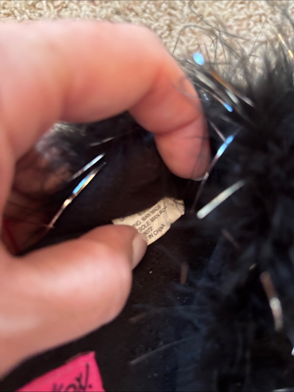 Worn Once Betsey Johnson Black Marabou Slide Slippers with Silver Tinsel - Picture 4 of 6